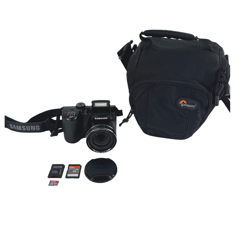 Samsung WB100 Digital Camera 16.2MP 26x Optical Zoom Black Bundle Case SD Cards
